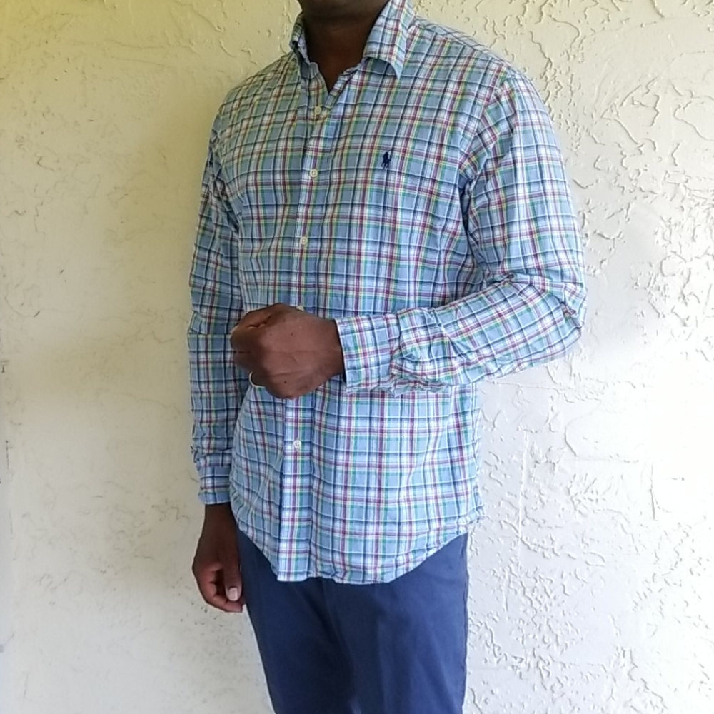 Vintage Ralph Lauren Shirt Plaid Men's Blue White Pink Green Long Sleeve Casual